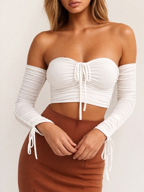 Tops - White Off-Shoulder Ruched Long Sleeve Crop Top | Tie Front | Flirty Fitted